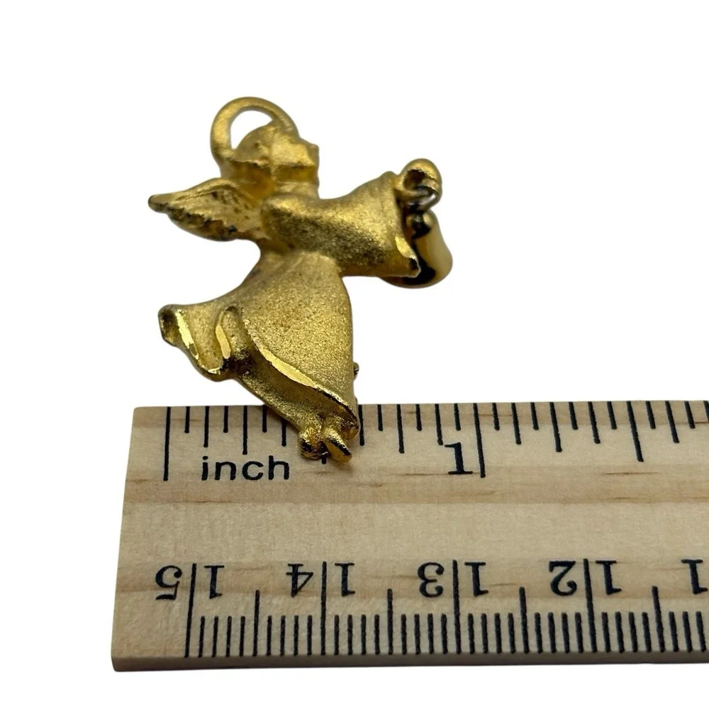 Flying Angel Brooch Pin w/ Bell Gold Tone Matte Textured VTG Religious Christian